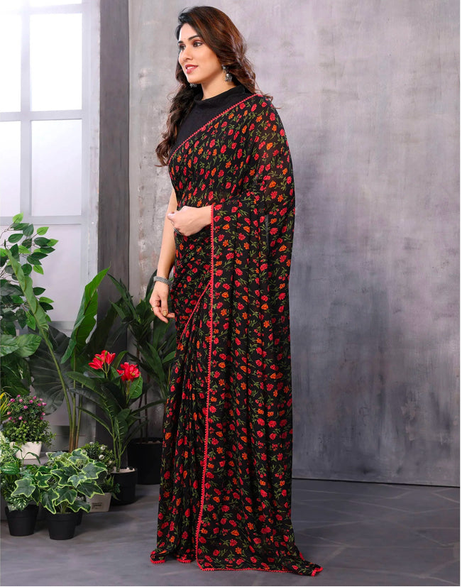 Ready To Wear Black Floral Printed Georgette Saree