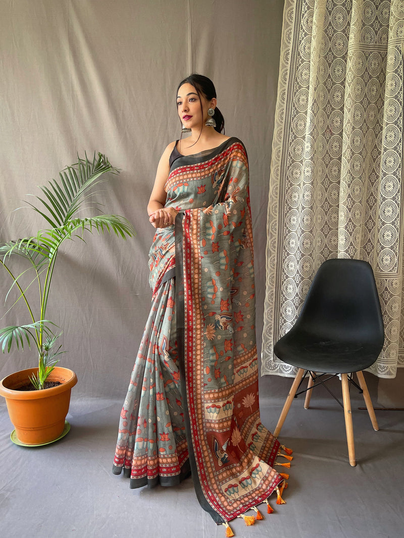 MALAI COTTON SAREE WITH BIG BORDER DIGITAL PRINT CONCEPT WITH ELEGANT KALAMKARI PATTERNS WITH CONTRAST