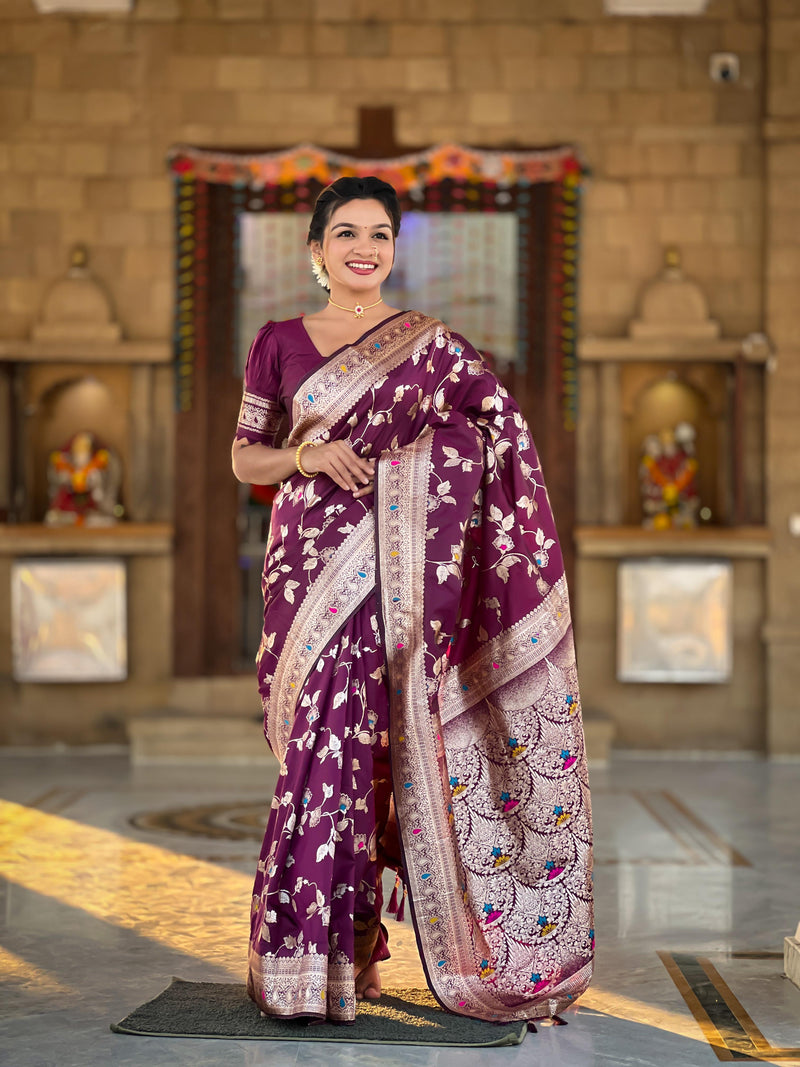 Soft Banarasi silk saree with Zari weaving Minakari touchup design