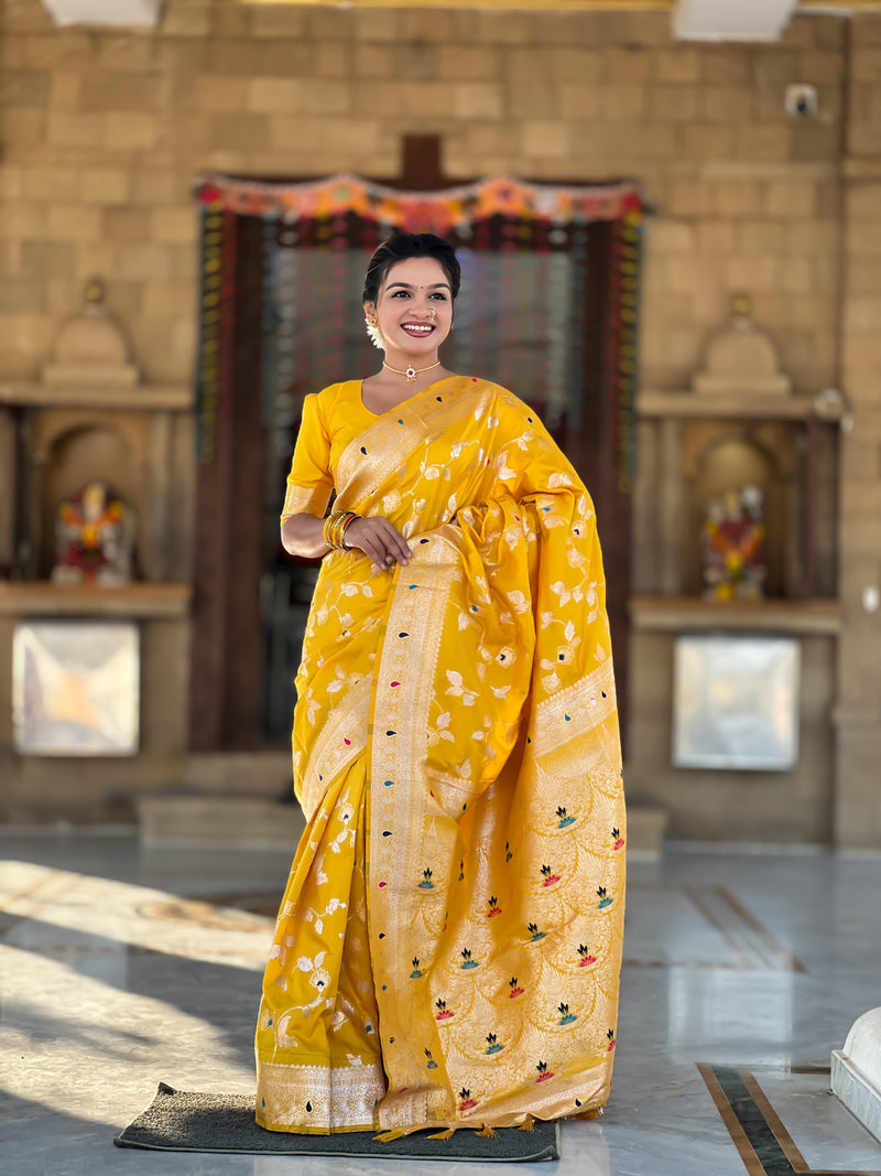 Soft Banarasi silk saree with Zari weaving Minakari touchup design