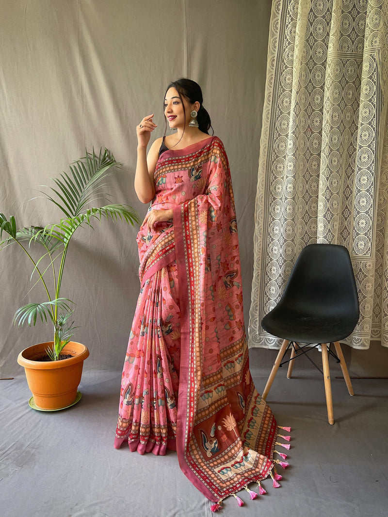 MALAI COTTON SAREE WITH BIG BORDER DIGITAL PRINT CONCEPT WITH ELEGANT KALAMKARI PATTERNS WITH CONTRAST