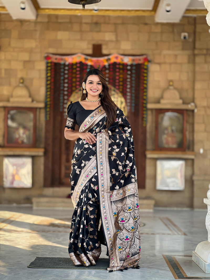 Soft Banarasi silk saree with Zari weaving Minakari touchup design