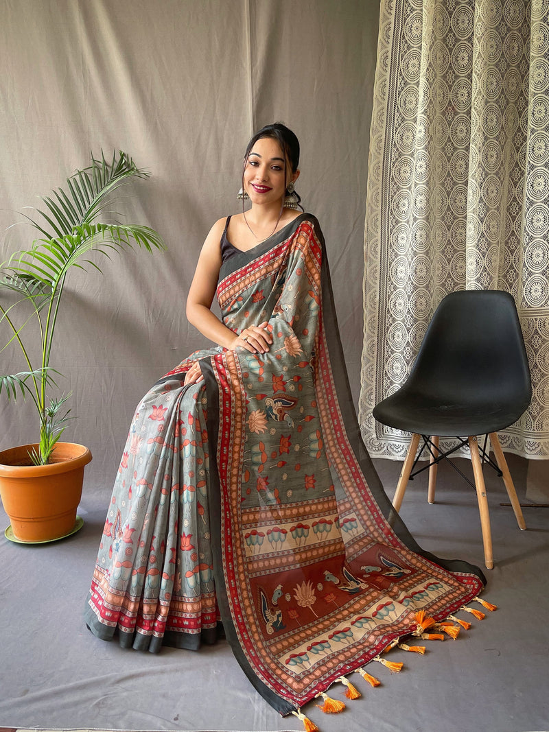 MALAI COTTON SAREE WITH BIG BORDER DIGITAL PRINT CONCEPT WITH ELEGANT KALAMKARI PATTERNS WITH CONTRAST