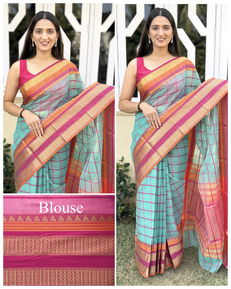 Kesarya Checks Super Soft Kota Doria Saree with Full Heavy Paithani Style