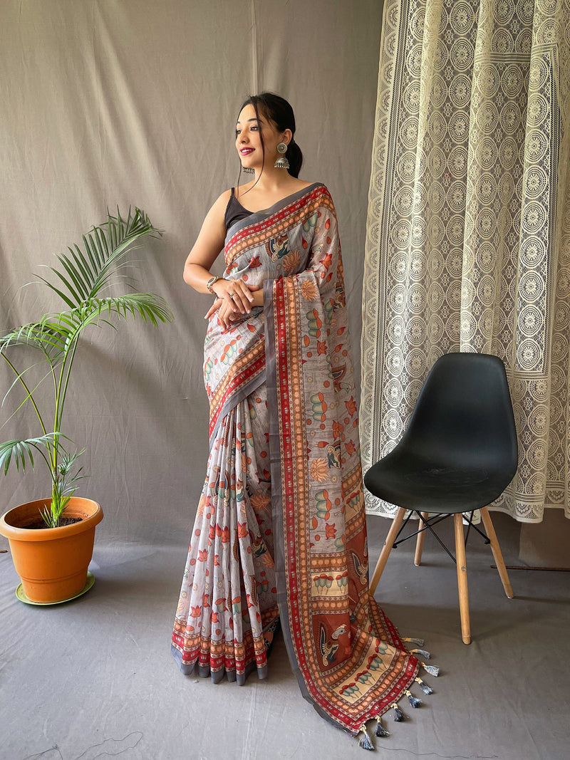 MALAI COTTON SAREE WITH BIG BORDER DIGITAL PRINT CONCEPT WITH ELEGANT KALAMKARI PATTERNS WITH CONTRAST