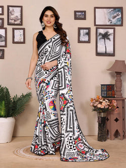 BRIGHT MOSS SILK PRINTED SAREE WITH SMALL BORDER LACE