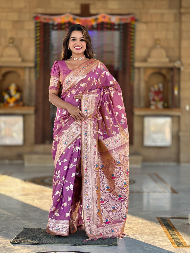 Soft Banarasi silk saree with Zari weaving Minakari touchup design