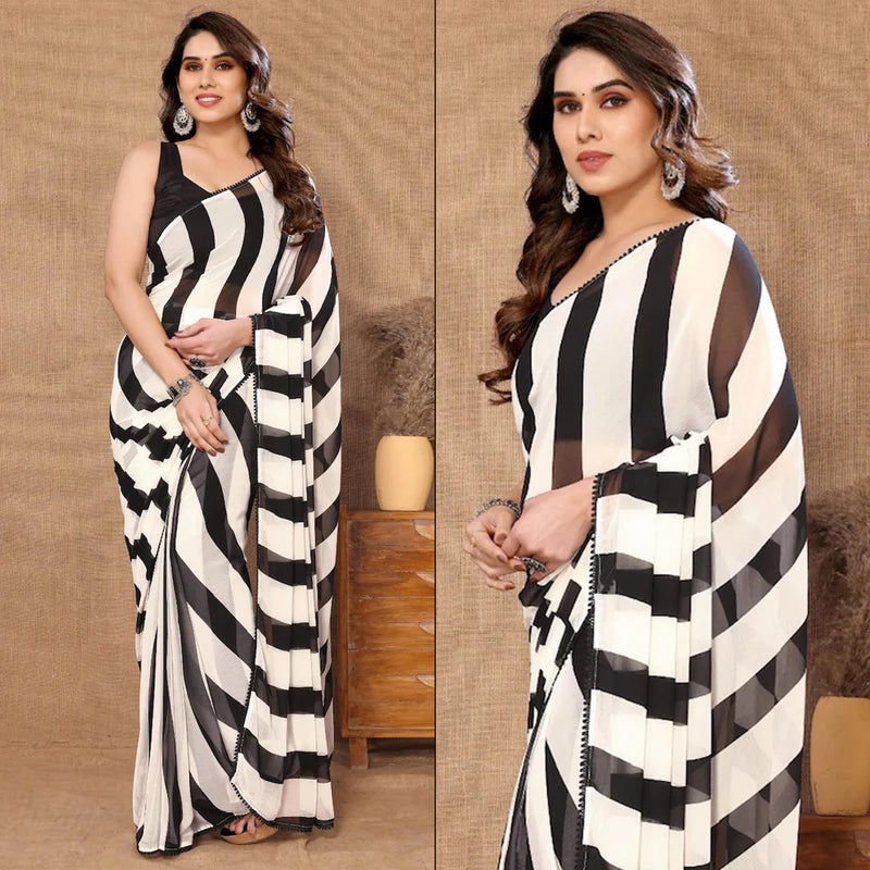 Black & White Striped Printed Ready To Wear Georgette Saree