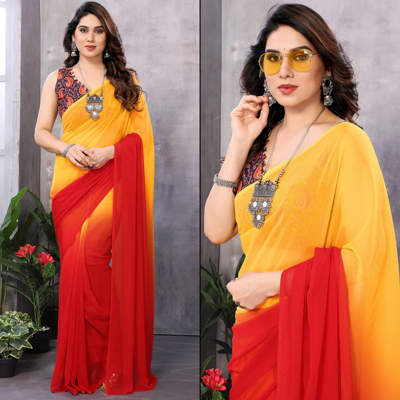 Red & Orange Printed Georgette Ready To Wear Saree