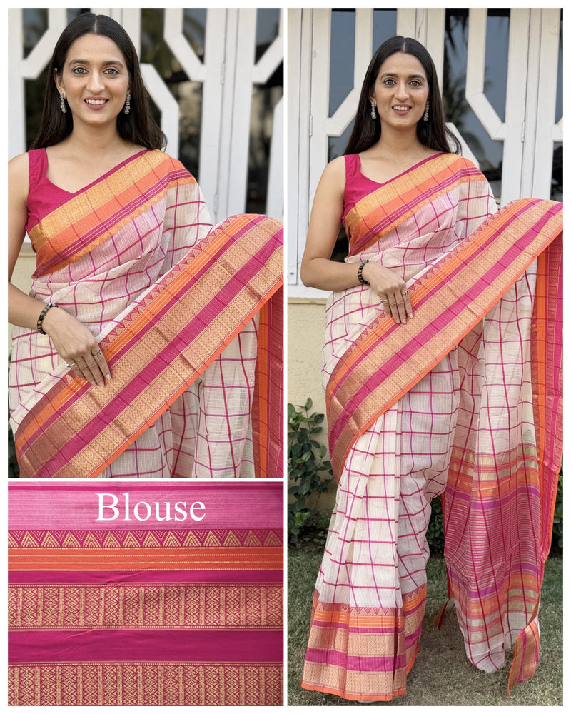 Kesarya Checks Super Soft Kota Doria Saree with Full Heavy Paithani Style