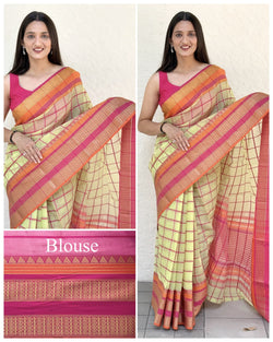 Kesarya Checks Super Soft Kota Doria Saree with Full Heavy Paithani Style