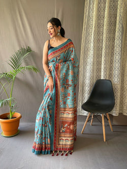 MALAI COTTON SAREE WITH BIG BORDER DIGITAL PRINT CONCEPT WITH ELEGANT KALAMKARI PATTERNS WITH CONTRAST