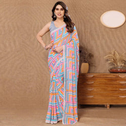 Blue Geometric Printed Ready To Wear Georgette Saree