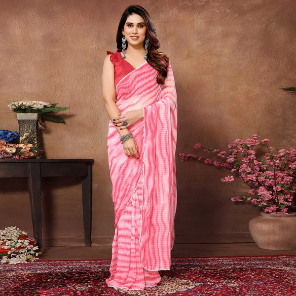 Pink Printed Ready To Wear Georgette Saree