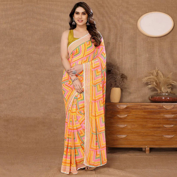 Yellow Geometric Printed Ready To Wear Georgette Saree