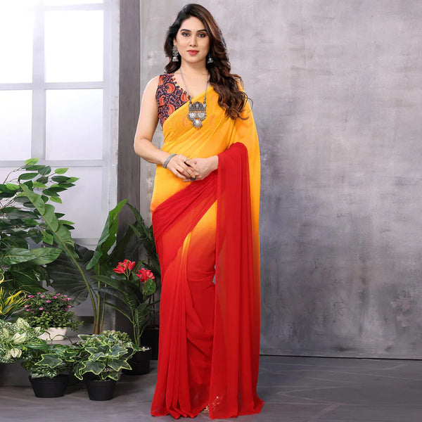 Red & Orange Printed Georgette Ready To Wear Saree