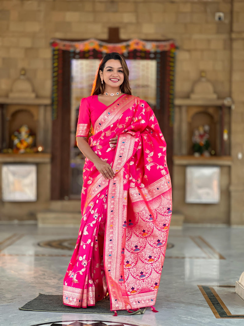 Soft Banarasi silk saree with Zari weaving Minakari touchup design