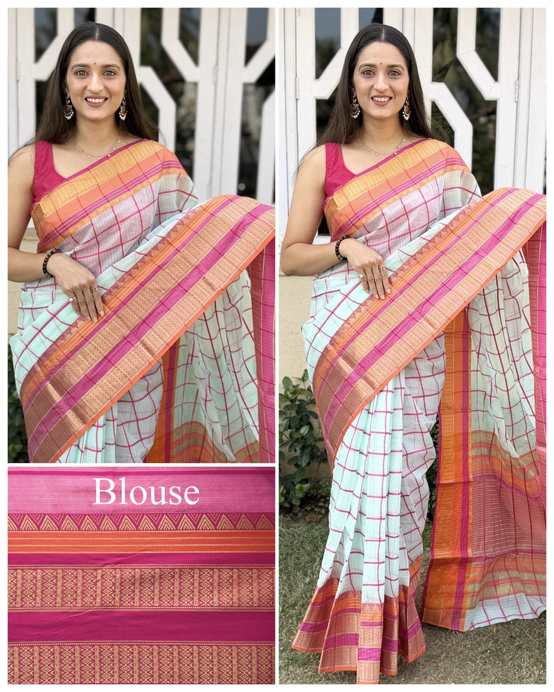 Kesarya Checks Super Soft Kota Doria Saree with Full Heavy Paithani Style