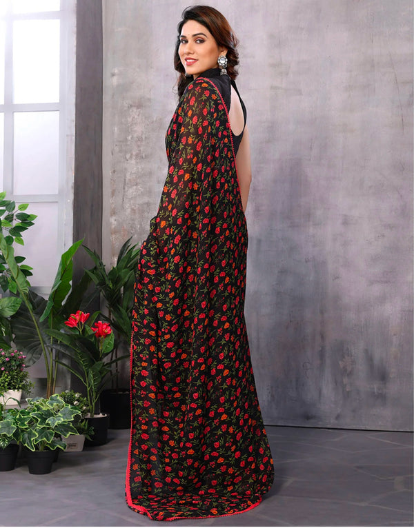 Ready To Wear Black Floral Printed Georgette Saree