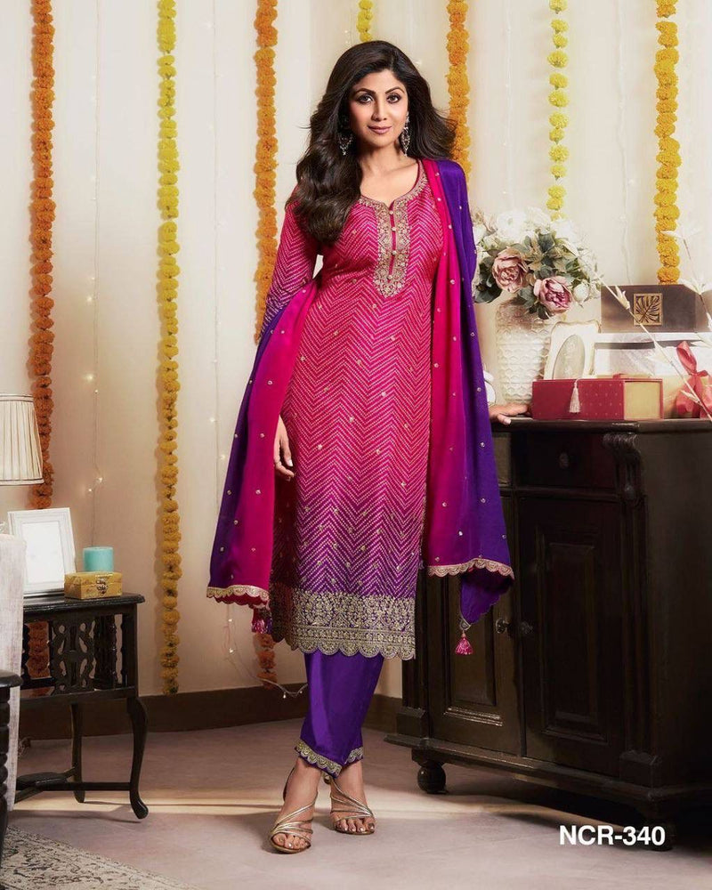 EMBROIDERED CHINON FABRIC KURTI AND PANT WITH HEAVY WORK DUPATTA