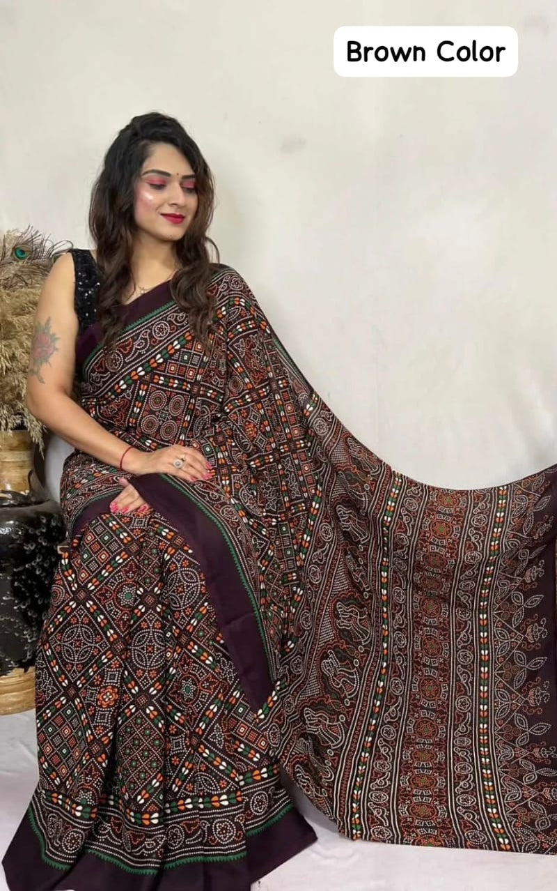 Premium Exclusive Ajarakh Bandhani Print Modal Silk Saree