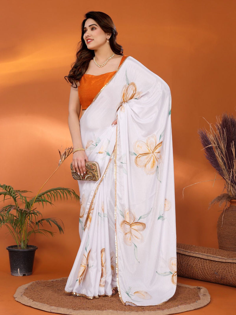 SHIFFON SILK PRINTED SAREE WITH FOIL WORK AND SMALL HEAVY LACE