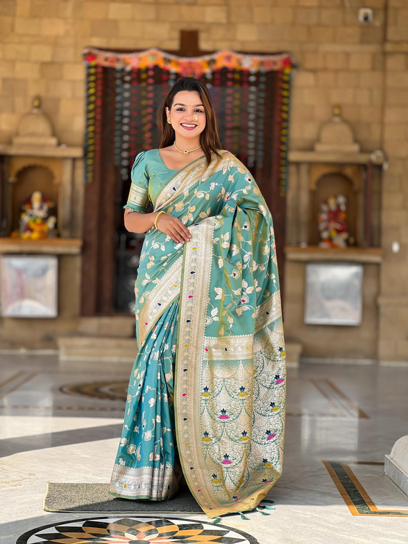 Soft Banarasi silk saree with Zari weaving Minakari touchup design