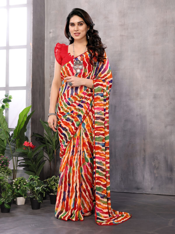 Ready To Wear Multicolour Striped Printed Georgette Saree