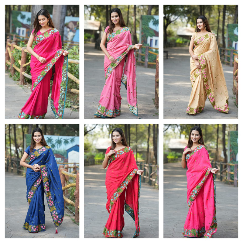 Semi Tussar Silk Resham Thread Embroidered Saree