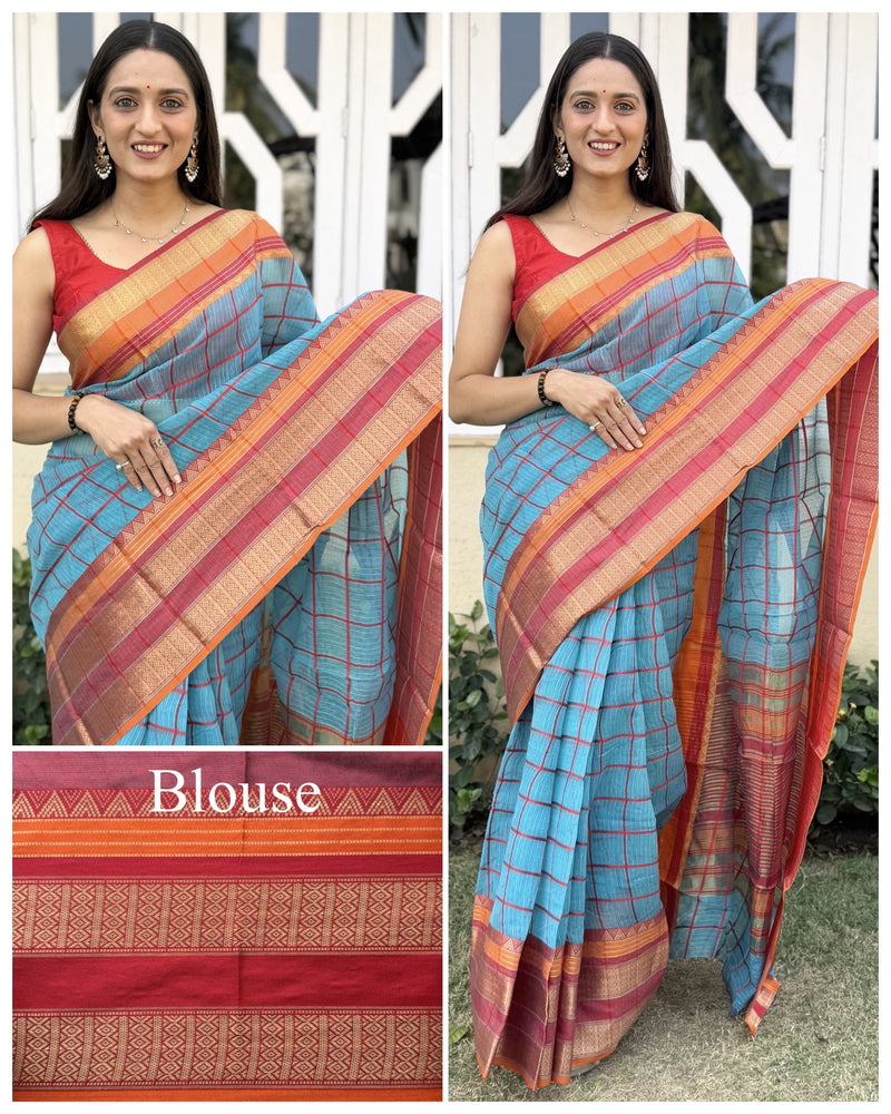 Kesarya Checks Super Soft Kota Doria Saree with Full Heavy Paithani Style