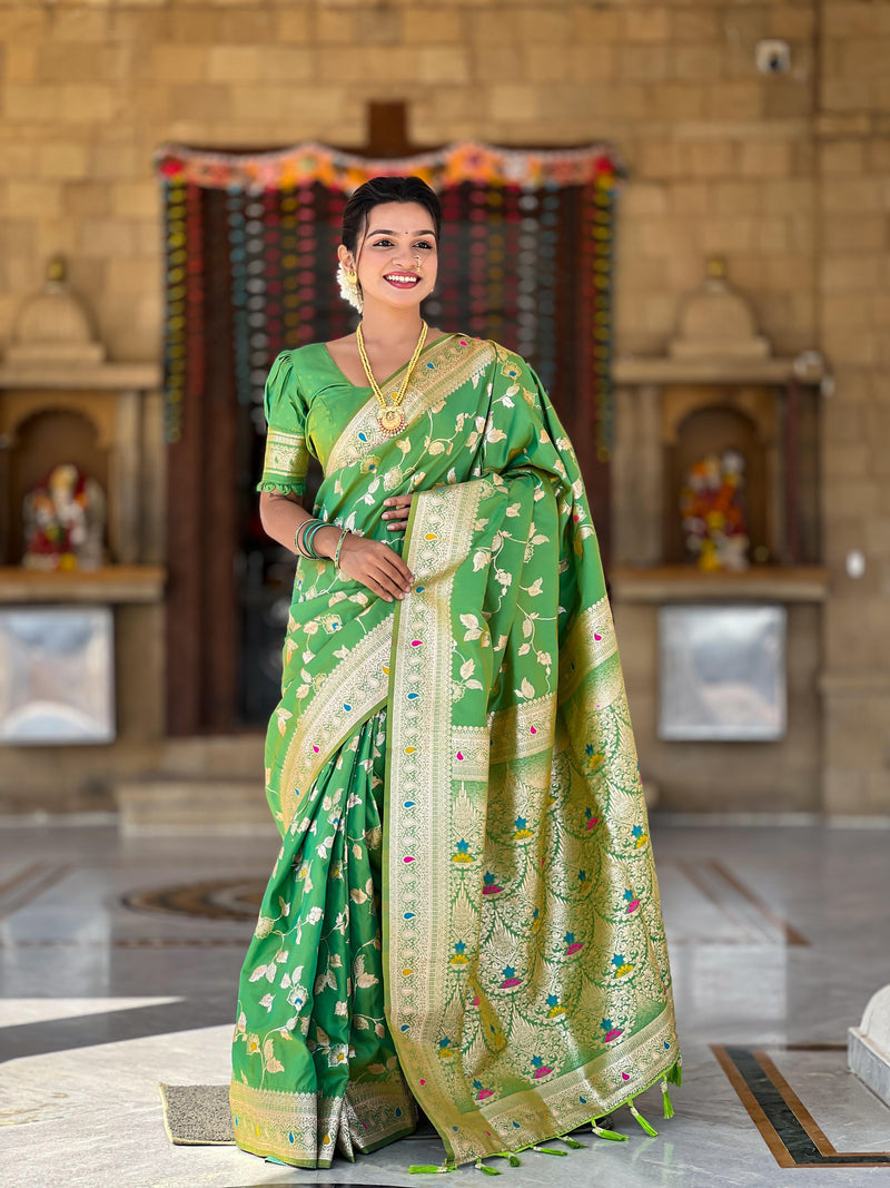 Soft Banarasi silk saree with Zari weaving Minakari touchup design