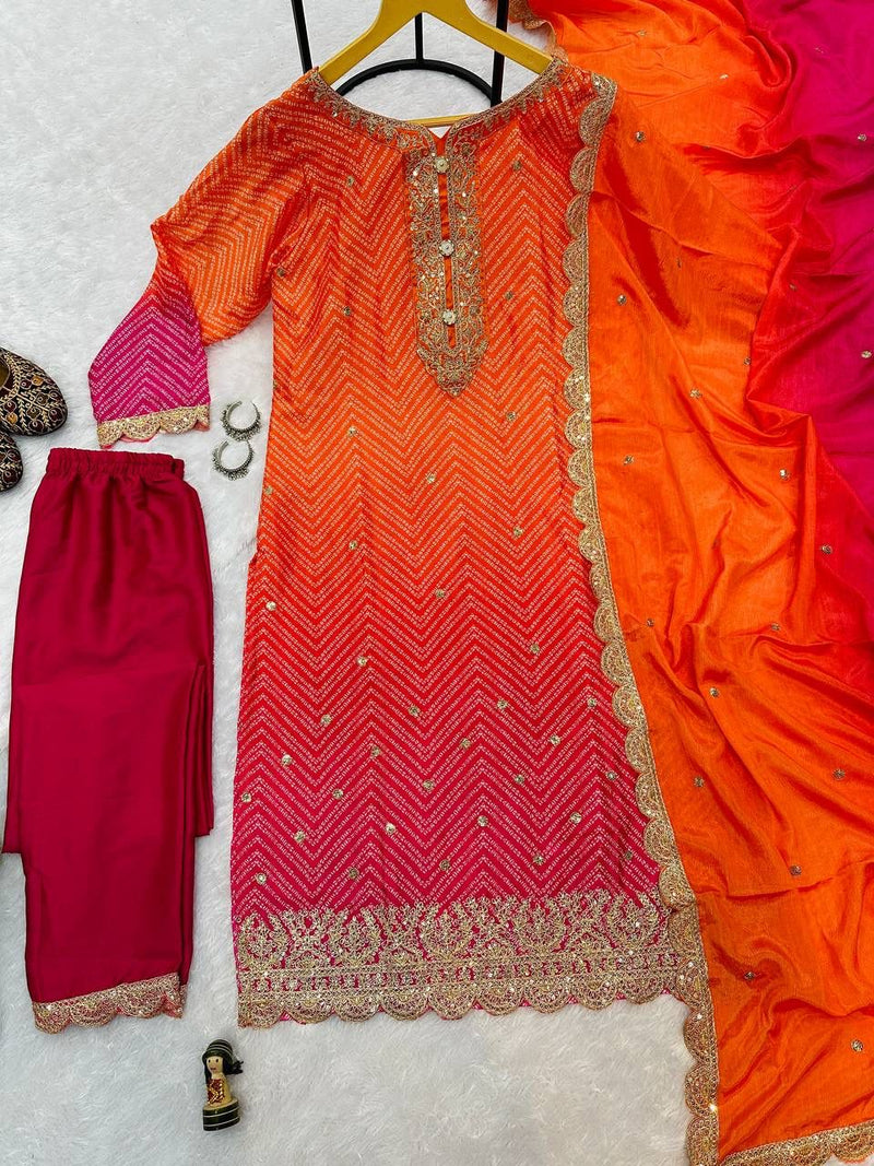 EMBROIDERED CHINON FABRIC KURTI AND PANT WITH HEAVY WORK DUPATTA