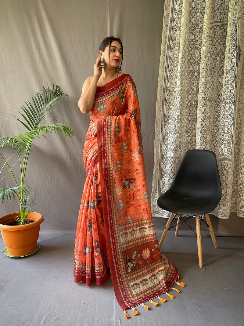 MALAI COTTON SAREE WITH BIG BORDER DIGITAL PRINT CONCEPT WITH ELEGANT KALAMKARI PATTERNS WITH CONTRAST