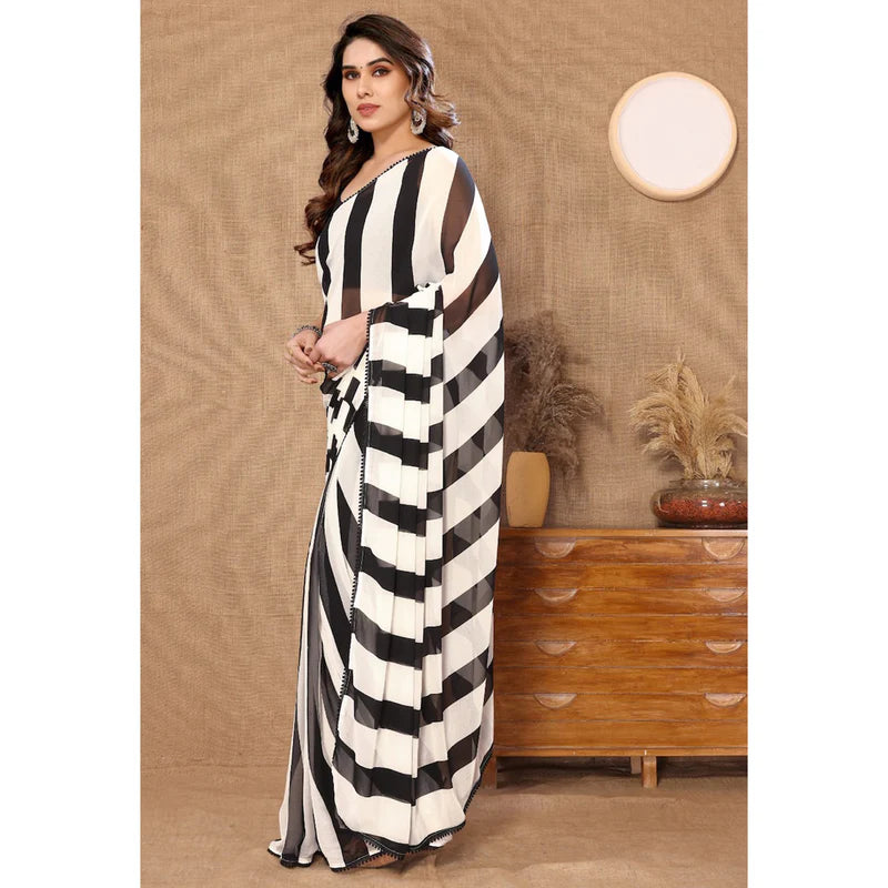 Black & White Striped Printed Ready To Wear Georgette Saree