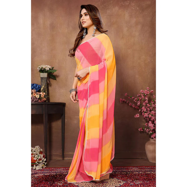 Yellow & Pink Printed Ready To Wear Georgette Saree