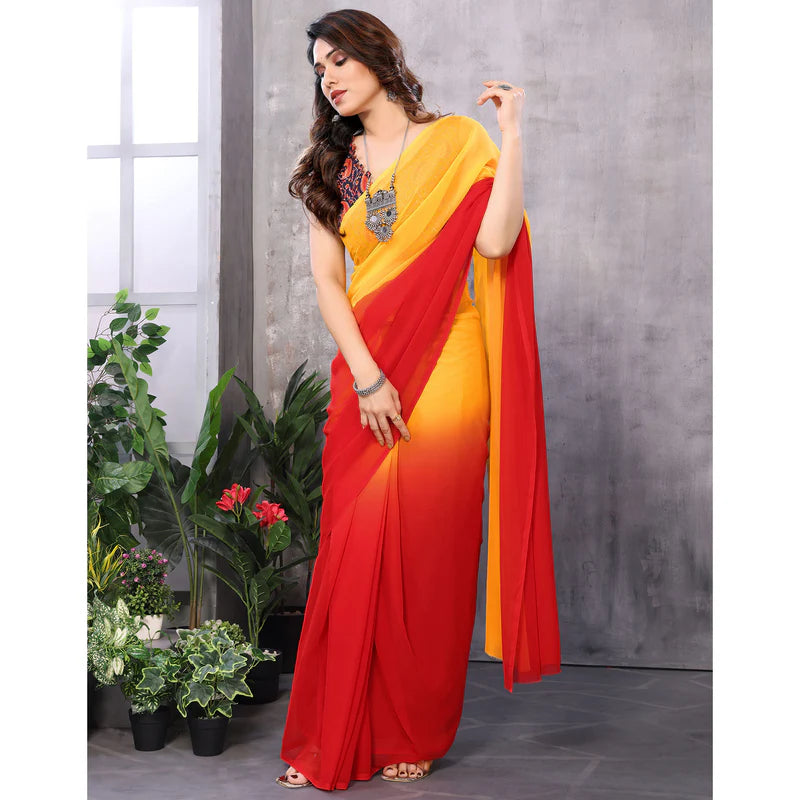 Red & Orange Printed Georgette Ready To Wear Saree