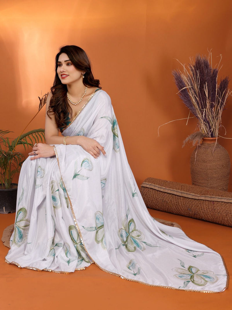 SHIFFON SILK PRINTED SAREE WITH FOIL WORK AND SMALL HEAVY LACE