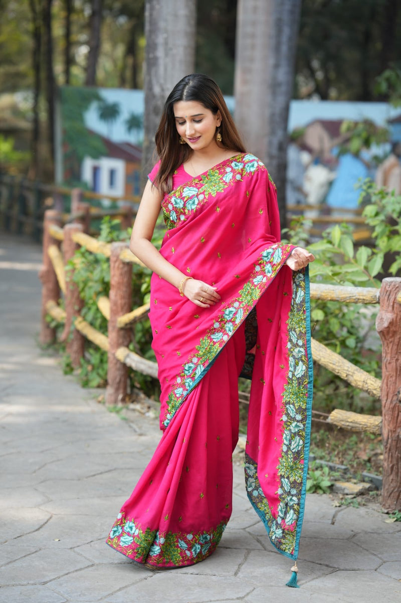 Semi Tussar Silk Resham Thread Embroidered Saree