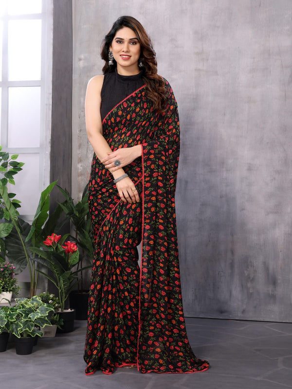 Ready To Wear Black Floral Printed Georgette Saree