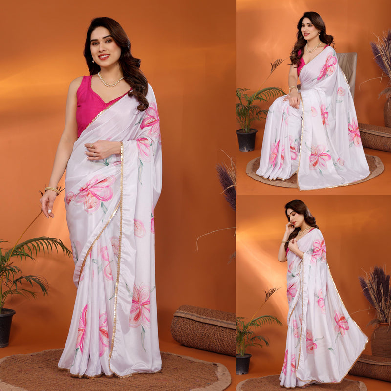 SHIFFON SILK PRINTED SAREE WITH FOIL WORK AND SMALL HEAVY LACE