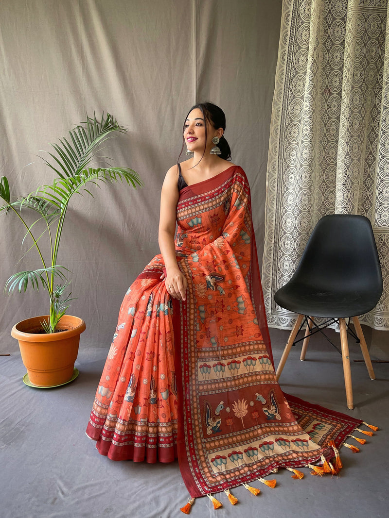 MALAI COTTON SAREE WITH BIG BORDER DIGITAL PRINT CONCEPT WITH ELEGANT KALAMKARI PATTERNS WITH CONTRAST