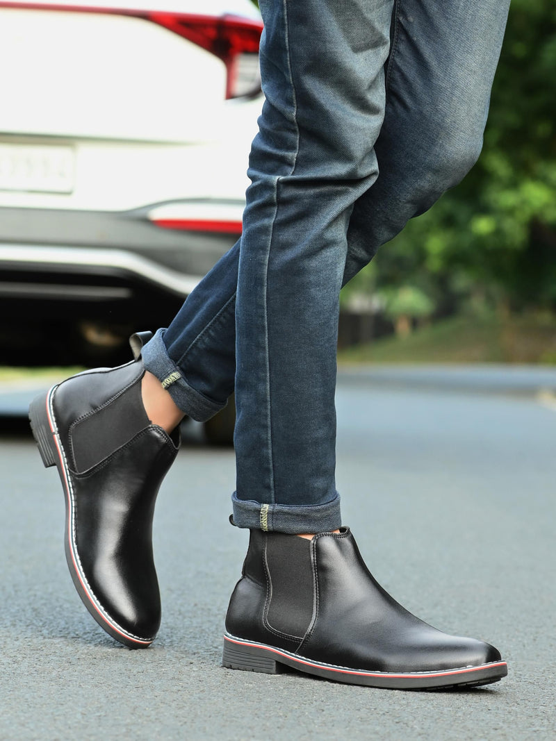 Men Textured Leather Mid-Top Chelsea Boots Black