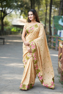 Semi Tussar Silk Resham Thread Embroidered Saree