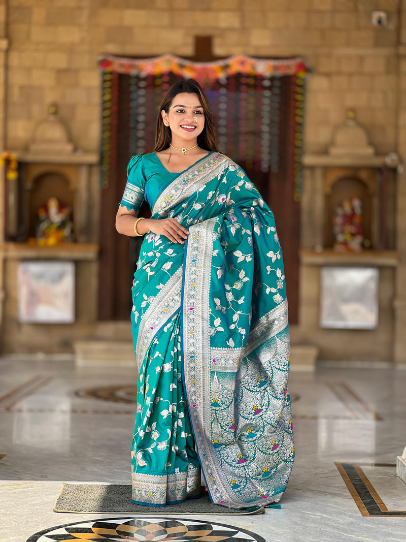 Soft Banarasi silk saree with Zari weaving Minakari touchup design