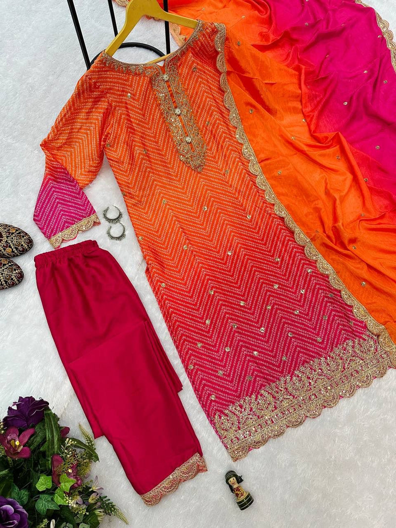 EMBROIDERED CHINON FABRIC KURTI AND PANT WITH HEAVY WORK DUPATTA