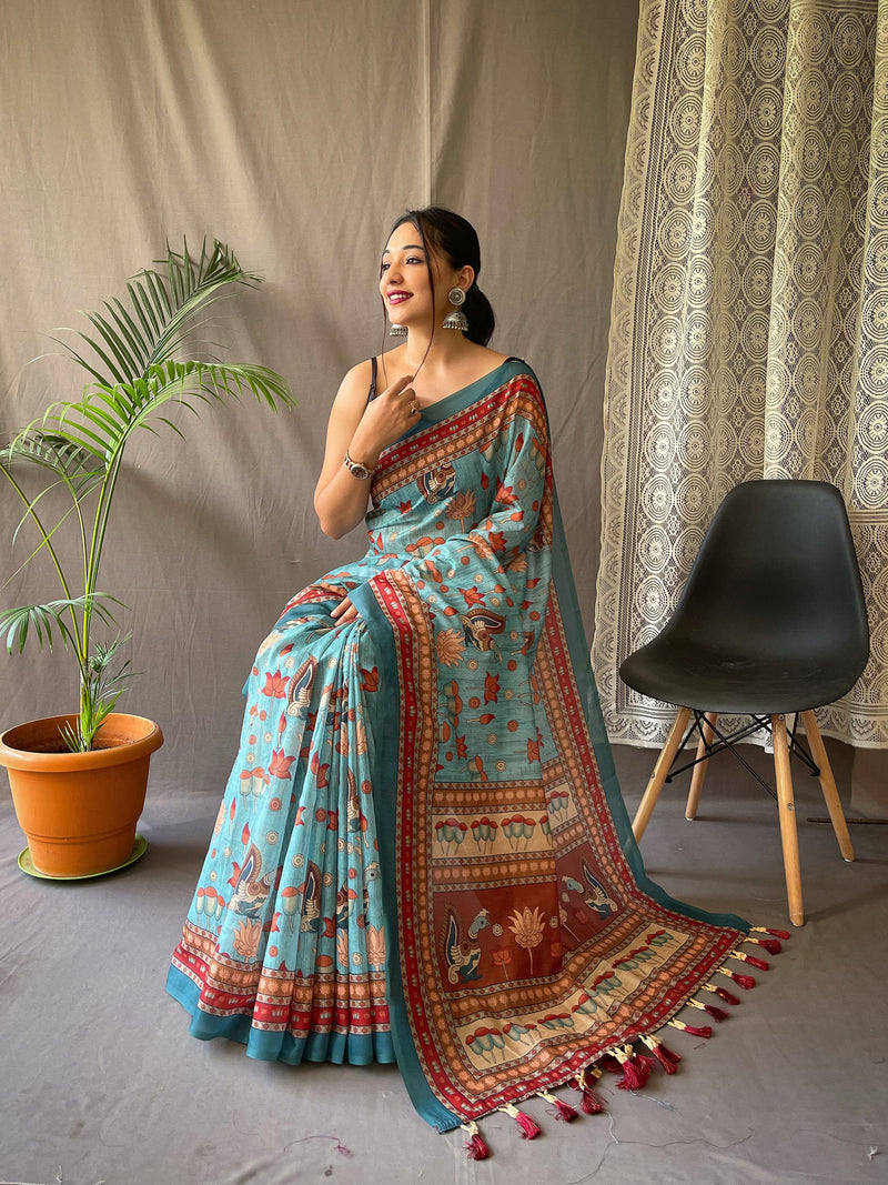 MALAI COTTON SAREE WITH BIG BORDER DIGITAL PRINT CONCEPT WITH ELEGANT KALAMKARI PATTERNS WITH CONTRAST