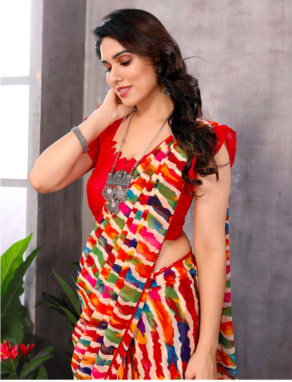 Ready To Wear Multicolour Striped Printed Georgette Saree