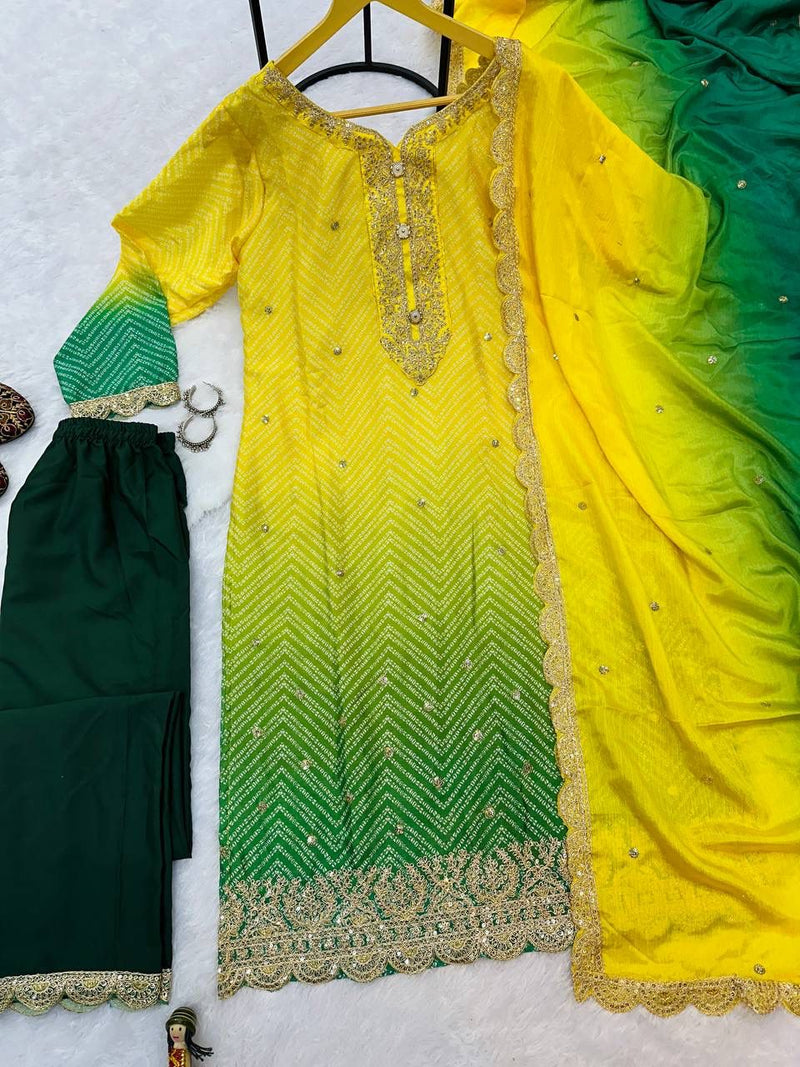 EMBROIDERED CHINON FABRIC KURTI AND PANT WITH HEAVY WORK DUPATTA