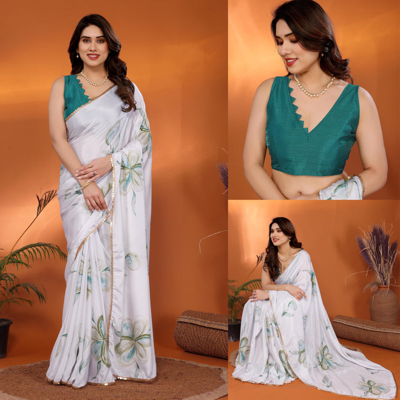 SHIFFON SILK PRINTED SAREE WITH FOIL WORK AND SMALL HEAVY LACE