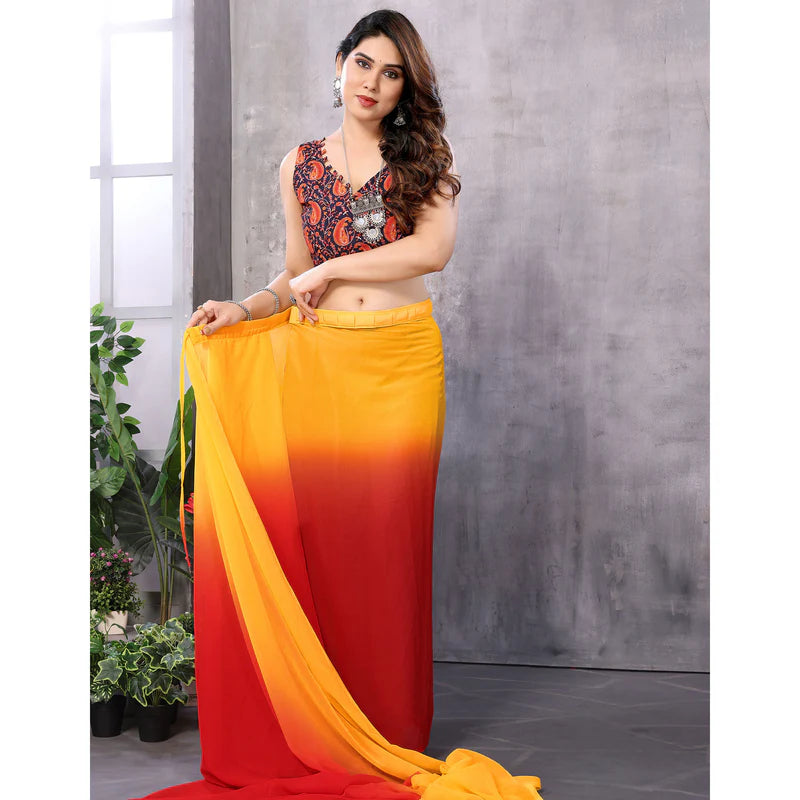 Red & Orange Printed Georgette Ready To Wear Saree